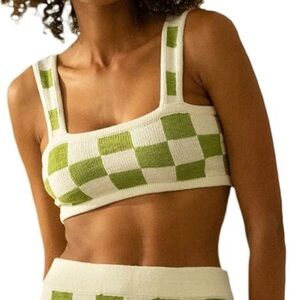 Altar'd State Checkered Knit Cropped Bandeau Top in Green & Cream
